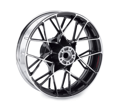 Harley Davidson 40900660 Fugitive 18 in. Rear Wheel KIT,RR WHL,S/7SPK,CTRS CHRM,18X5 | 7 spoke, with 14101125 (contrast chrome) (traditional F06 paint scheme)