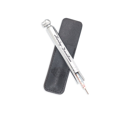 Harley-Davidson 75110-98B Tire Gauge and Tread Depth Indicator with Embossed Leather Pouch 75110-98B | Harley-Davidson UK