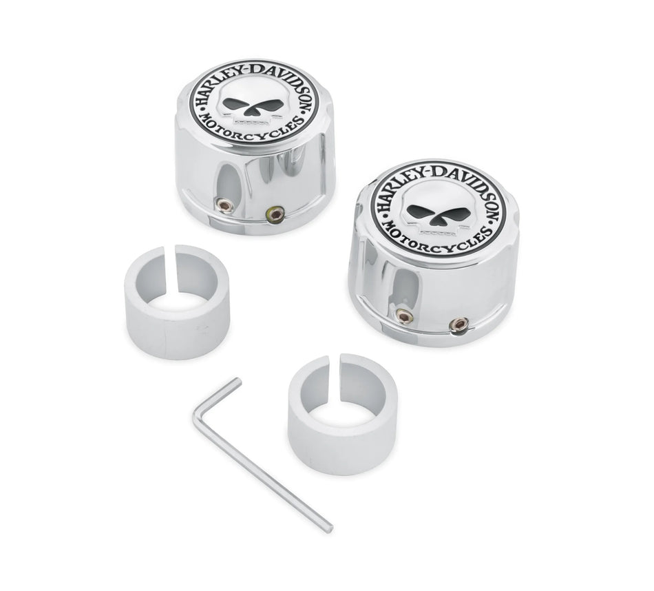 Harley Davidson 43163-08A Tapas de tuerca del eje delantero Willie G Skull, tapa de eje, calavera