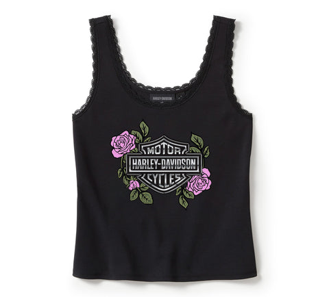 Genuine Harley-Davidson® Women's Rose & Thorn Bling Lace Trim Tank - Harley Black 96453-25VW