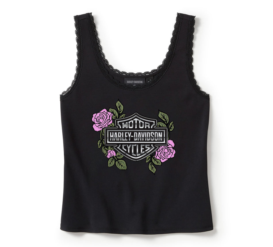 Genuine Harley-Davidson® Women's Rose & Thorn Bling Lace Trim Tank - Harley Black 96453-25VW