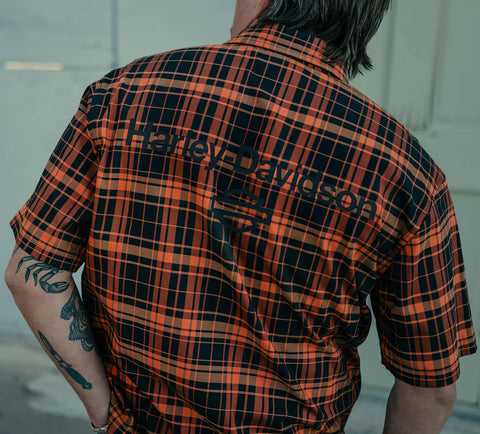 Harley Davidson 96513-25VM Men's H-D® TECH Coolmax® Plaid Short Sleeve Shirt Black Orange 96513-25VM