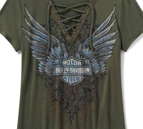 Harley Davidson 96632-25VW Women's GREEN - Bling Dark Angel Laced Front Tee Top