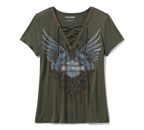 Harley Davidson 96632-25VW Women's GREEN - Bling Dark Angel Laced Front Tee Top