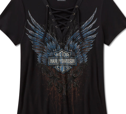 Harley Davidson 96633-25VW Women's Bling Dark Angel Laced Front Tee Top - BLACK