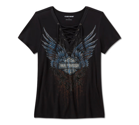Harley Davidson 96633-25VW Women's Bling Dark Angel Laced Front Tee Top - BLACK