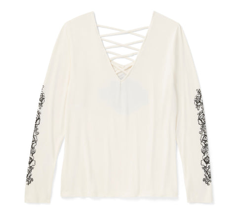 Harley Davidson 96643-25VW Women's CREAM/WHITE Bling Chrome & Roses Long Sleeve Laced V Neck