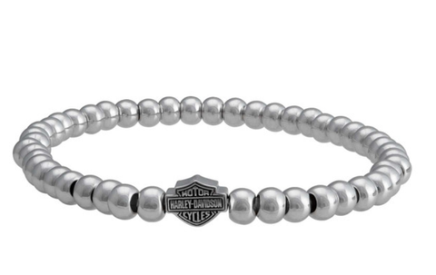 Harley-Davidson® Women's Small Beaded Bar & Shield Stretch Bracelet - Silver