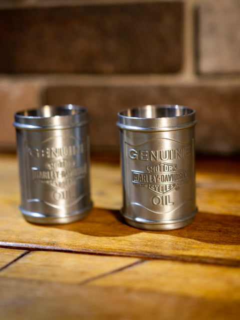 Harley-Davidson® Custom Tooled Pewter Oil Can Shot Glass Set . HDL-18805